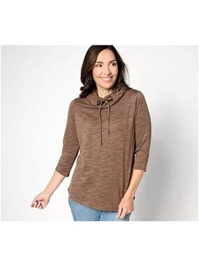 Denim and Co Top Size XXS Active Soft Blend Knit Cown Neck Chocolate Spacedye